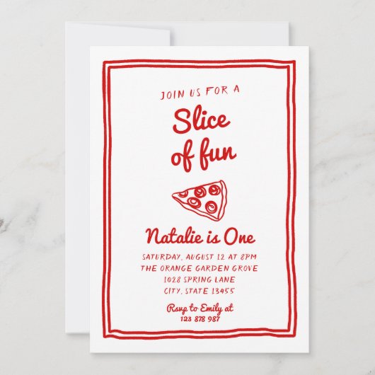 Retro Pizza 1. Handgezogene Scheibe Spaß Geburtsta Einladung (Vorderseite)