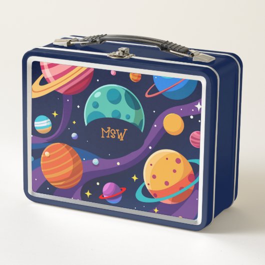 Retro-Planeten Mit Monogramm Metall Brotdose (Vorderseite)