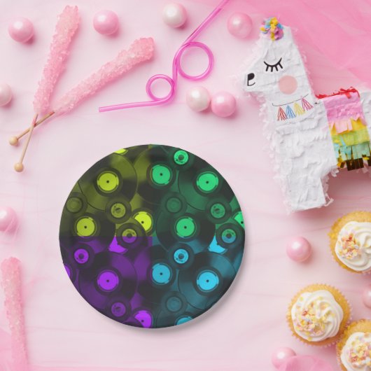 Retro Platten Neonfarbige Collage Pappteller (Party)