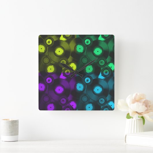 Retro Platten Neonfarbige Collage Quadratische Wanduhr (Zuhause)