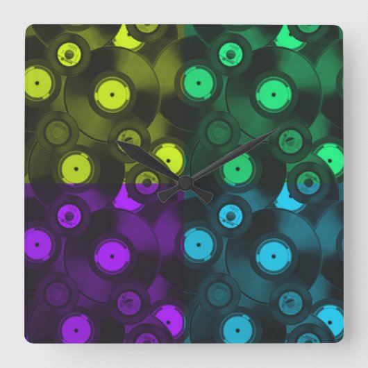 Retro Platten Neonfarbige Collage Quadratische Wanduhr (Vorderseite)