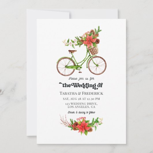 Retro Poinsettia Fahrradweihnachtsfeier Hochzeit Einladung (Vorderseite)