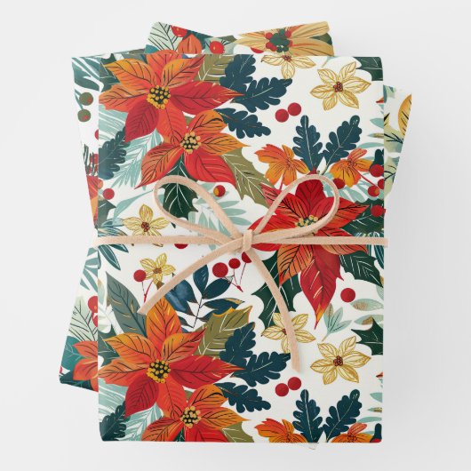 Retro Poinsettia Weihnachtswrapping Paper Geschenkpapier Set (Beispiel)
