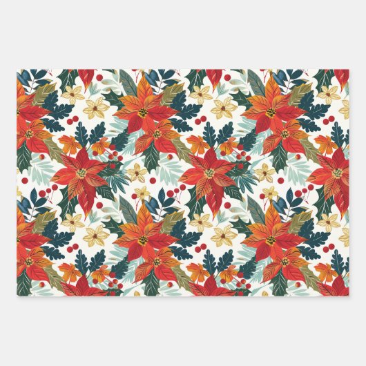 Retro Poinsettia Weihnachtswrapping Paper Geschenkpapier Set (Vorderseite)