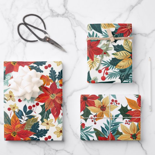 Retro Poinsettia Weihnachtswrapping Paper Geschenkpapier Set (Vorderseite)