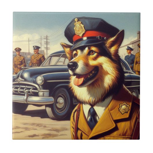 Retro Police Dog Painting Fliese (Vorderseite)
