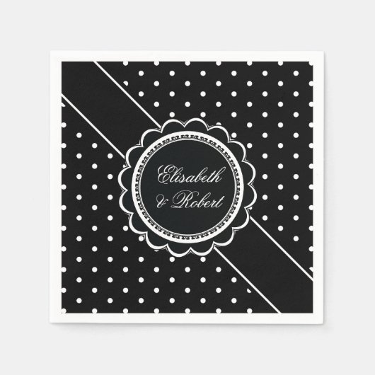 Retro Polka Dot Elegante Schwarz-Weiß Hochzeit Serviette (Vorderseite)
