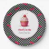 Retro Polka Dot Thema Cherry auf Top Baby Dusche Pappteller (Vorderseite)