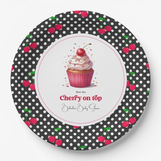 Retro Polka Dot Thema Cherry auf Top Baby Dusche Pappteller (Vorderseite)