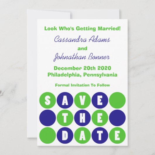 Retro Polka Dots Save the Date (Navy Blue / Green) Einladung (Vorderseite)