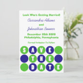 Retro Polka Dots Save the Date (Navy Blue / Green) Einladung (Stehend Vorderseite)