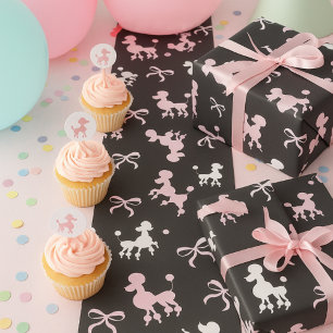 Retro Poodle & Bow Pink, White & Black Chic Geschenkpapier