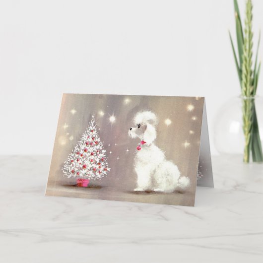 Retro Poodle und Weihnachtsbaumkarte Feiertagskarte (Vorderseite)
