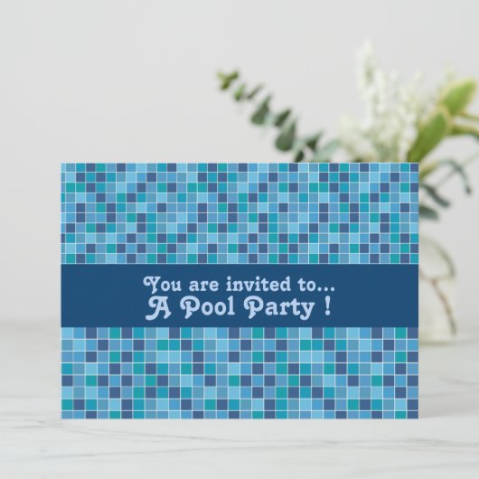 Retro Pool Party Blau Muster Pool Fliesen Einladung (Stehend Vorderseite)
