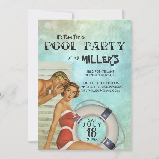 Retro Pool-Party Einladung (Vorderseite)