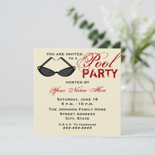 Retro Pool Party Einladung Katzenauge Sonnenbrille (Stehend Vorderseite)