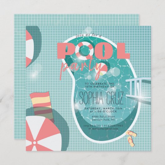 Retro Pool Party Geburtstag Einladung (Vorne/Hinten)