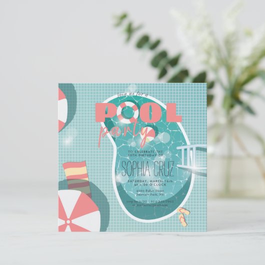 Retro Pool Party Geburtstag Einladung (Stehend Vorderseite)