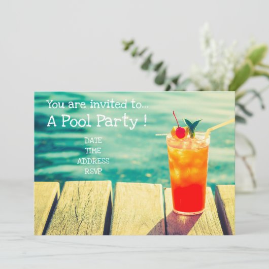 Retro Pool Party Orange Cocktail Einladung (Stehend Vorderseite)