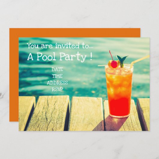 Retro Pool Party Orange Cocktail Einladung (Vorne/Hinten)