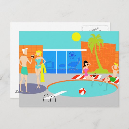 Retro Pool Party Postkarte (Vorne/Hinten)