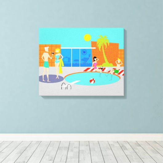 Retro Pool Party Stretched Canvas Print Leinwanddruck (Insitu (Holzboden))