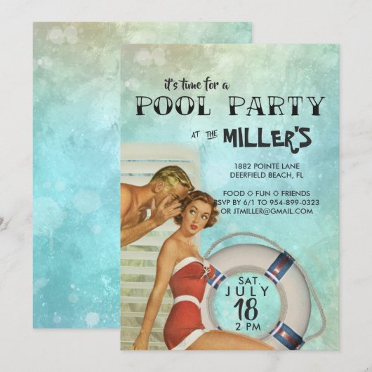 Retro-Poolparty-Einladung Einladung (Vorne/Hinten)