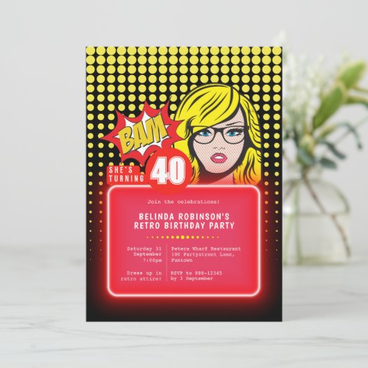 Retro-Pop Art. 40 (oder jedes Alter) Einladung (Stehend Vorderseite)