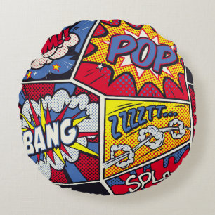 Retro-Pop-Art, Comic-Shout-Muster. Rundes Kissen