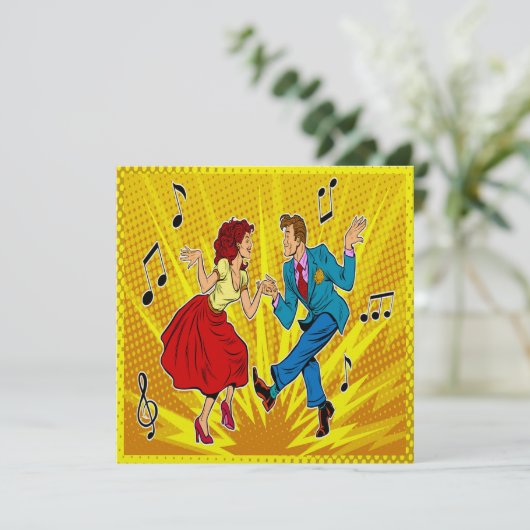 Retro Pop Art Couple Jitterbugging Einladung (Stehend Vorderseite)