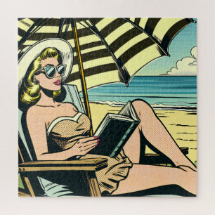 Retro-Pop-Art-Dame am Strand Puzzle