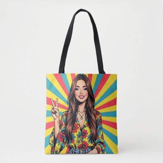 Retro-Pop-Art-Dame gibt Friedenszeichen Tasche (Vorderseite)