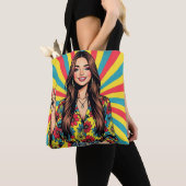Retro-Pop-Art-Dame gibt Friedenszeichen Tasche (Von Nahem)