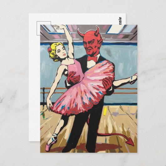 Retro Pop Art Devil mit Balletttänzerin Postkarte (Vorne/Hinten)