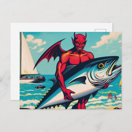 Retro Pop Art Devil mit einem Tunfisch am Strand Postkarte (Vorne/Hinten)
