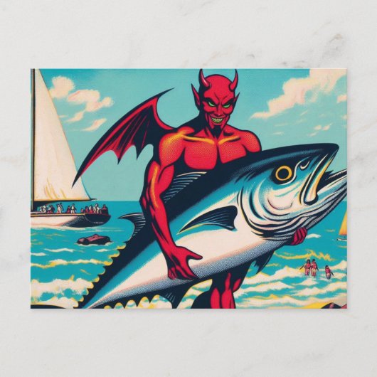 Retro Pop Art Devil mit einem Tunfisch am Strand Postkarte (Vorderseite)