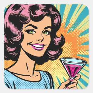 Retro-Pop-Art-Frau mit Cocktail Quadratischer Aufkleber