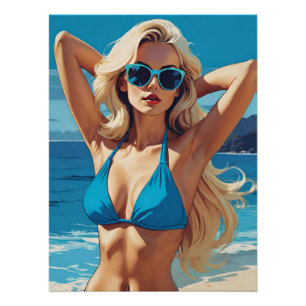 Retro Pop Art: Glamour Blonde in Blue Bikini Poster