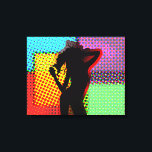 Retro Pop Art Halftone Groovy Lady Dancing Leinwanddruck<br><div class="desc">Ein großartiges Kunstwerk für eine moderne Umgebung. Diese trendige Retro-Pop-Kunst inspirierte ein Halbtonbild mit der Silhouette einer tanzenden Dame auf einem bunten Hintergrund.</div>