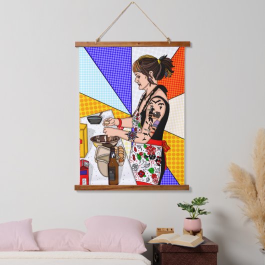 Retro Pop Art Hübsche Dame Backen Wandteppich Mit Holzrahmen (Schlafzimmer)