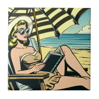 Retro Pop Art Lady am Strand Fliese