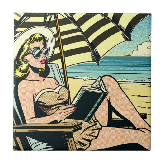 Retro Pop Art Lady am Strand Fliese (Vorderseite)