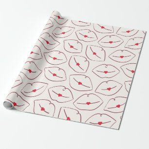 Retro-Pop-Art-Linienkunst Lippen & Herzen Kirschro Geschenkpapier