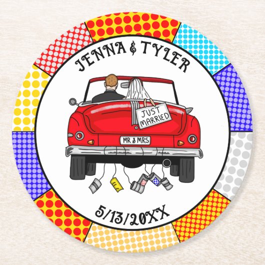 Retro Pop Art Mr & Mrs. | Nur Verheiratet Got Runder Pappuntersetzer (Vorderseite)