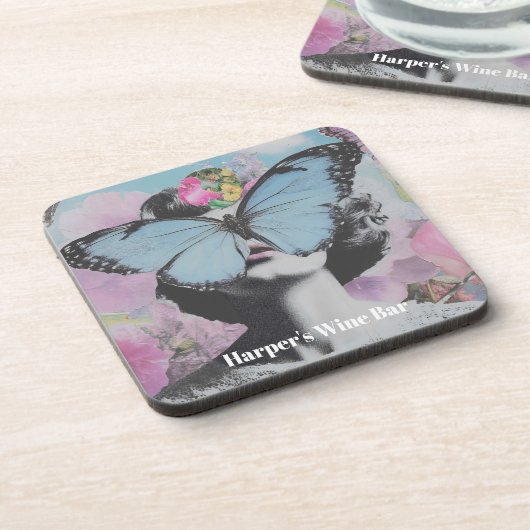 Retro Pop Art Pink und Blue Butterfly Getränkeuntersetzer (Linke Seite)