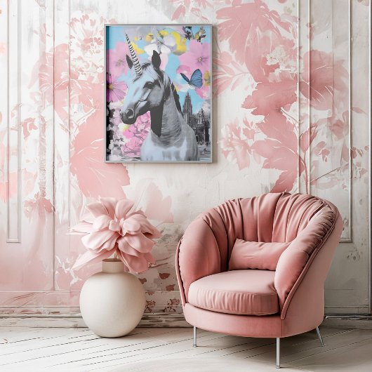 Retro Pop Art Pink und Blue Unicorage Collage Poster
