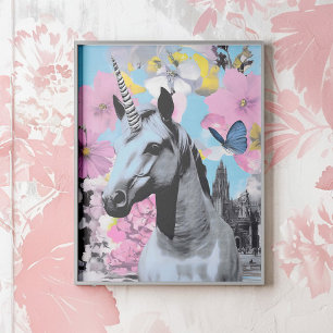 Retro Pop Art Pink und Blue Unicorage Collage Poster
