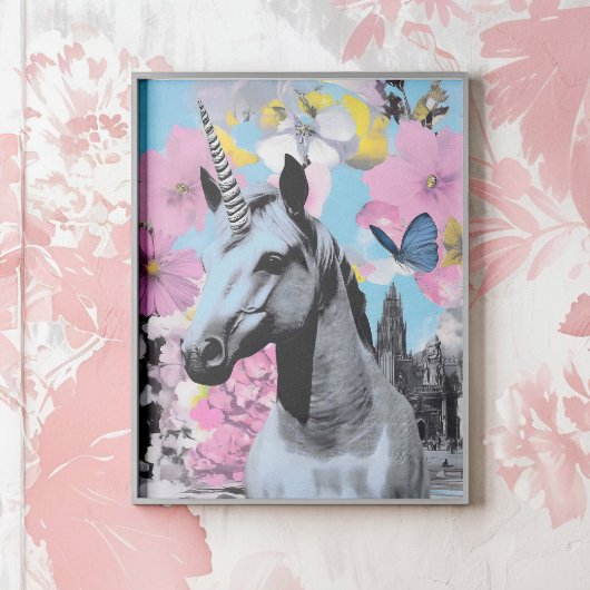 Retro Pop Art Pink und Blue Unicorage Collage Poster