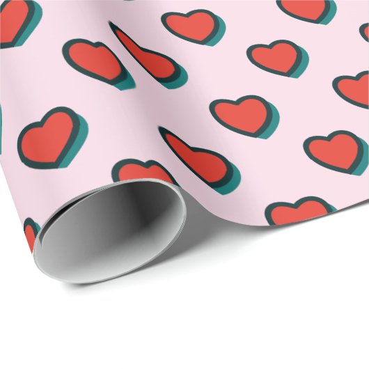 Retro Pop Art Red Blue Beige Herzmuster Geschenkpapier (Rolleneckpunkt)