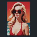 Retro Pop Art: Stilvolle Blonde in Red Bikini Poster<br><div class="desc">Eine bemerkenswerte Retro-Pop-Kunstillustrierung mit einer stylischen Blondine in einem roten Bikini. Ihre kühne rote Sonnenbrille ergänzt ihren lebendigen Lippenstift und schafft so eine faszinierende und nostalgische Strandszene. Die lebhaften Farben und die klaren Linien erinnern an eine Kunstästhetik aus der Mitte des 20. Jahrhunderts, die das Wesen des Vintagen Glamours einnimmt....</div>